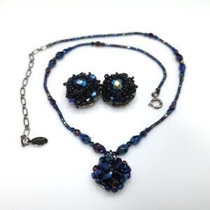 Liz Claiborne Blue Iridescent Bead Necklace Clip Earrings Set Vintage Jewelry